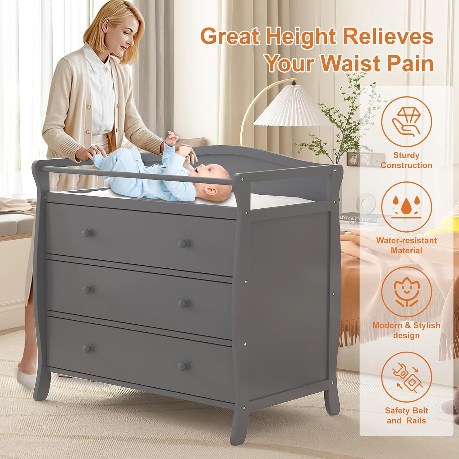 Baby Nursery Dresser - 3단 서랍 아기 기저귀 교환대, 안전벨트