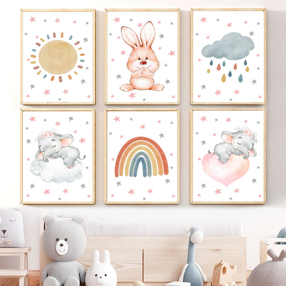 Baby Nursery Elephant - 수채화 아기방 벽 장식 캔버스 보헤미안