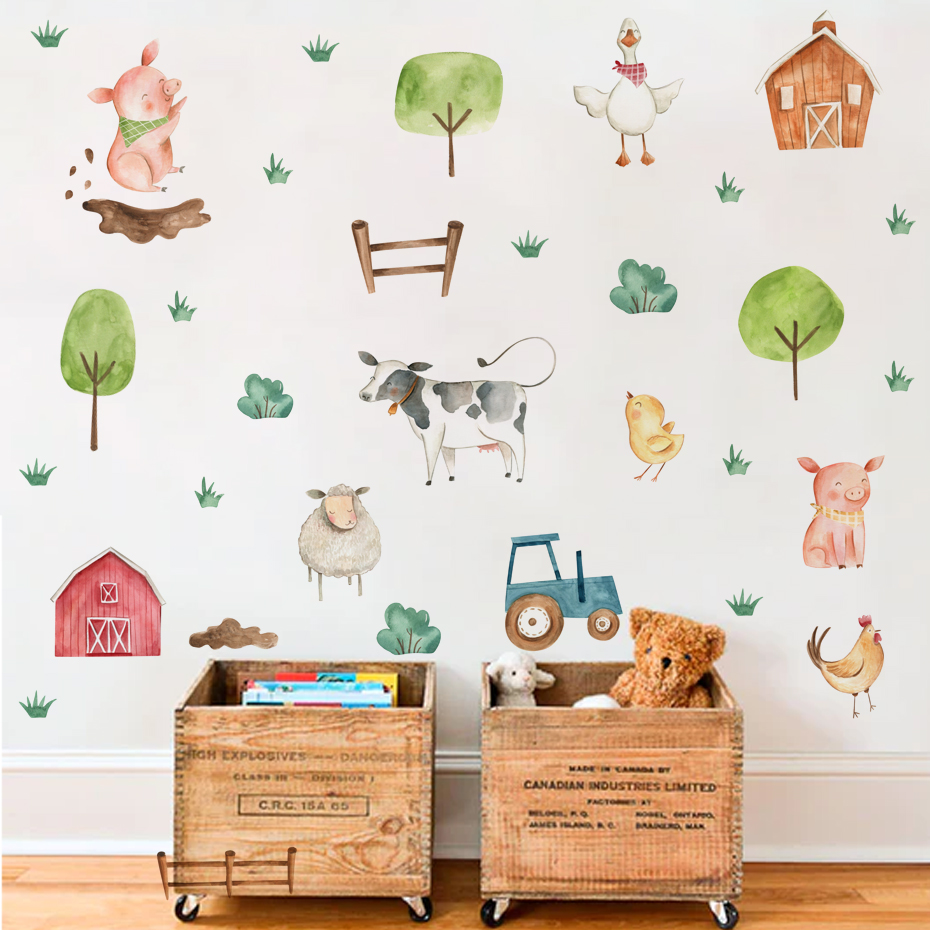 Baby Nursery Package - Boho 수채화 귀여운 농장 동물 돼지