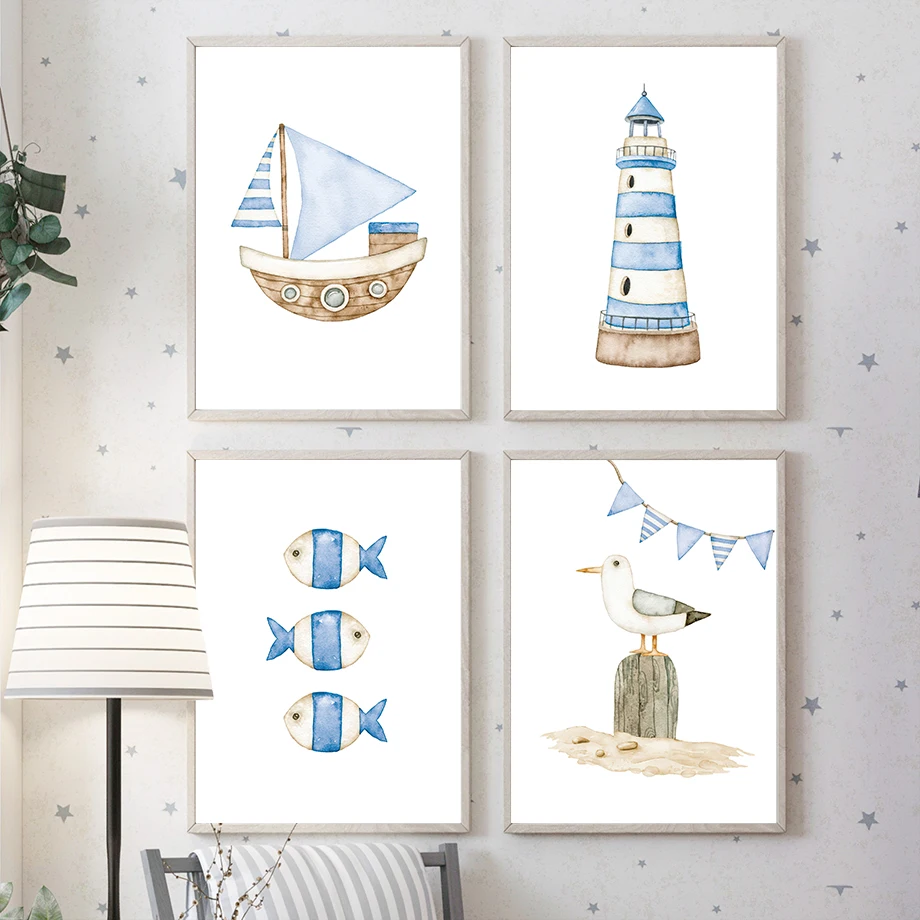 Baby Nursery Pictures - 범선 등대 물고기 해상 어린이방 포스터