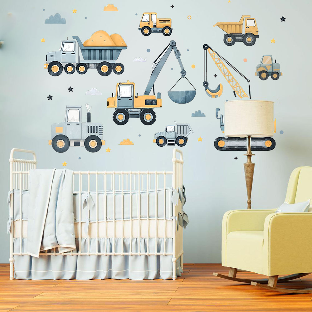 Baby Nursery Wall Mural - 만화 굴삭기 차량 세트 자동차 벽