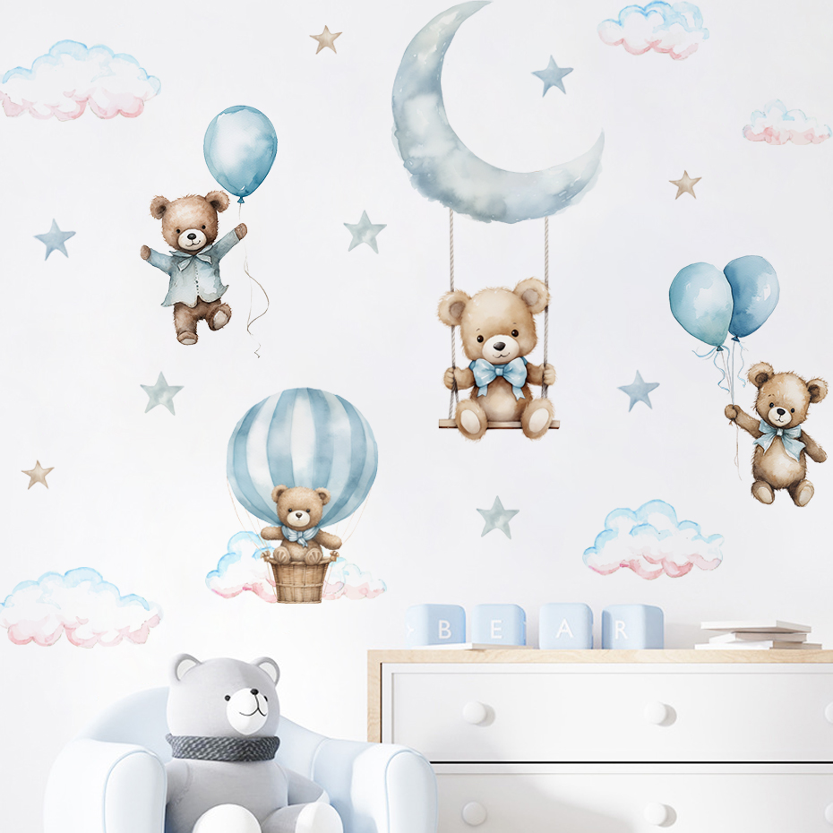 Baby Nursery Decor Boy - 수채화 곰 뜨거운 공기 풍선 구름