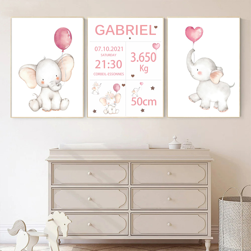 Baby Nursery Elephant - 핑크 아기 사용자 정의 이름 생년월일
