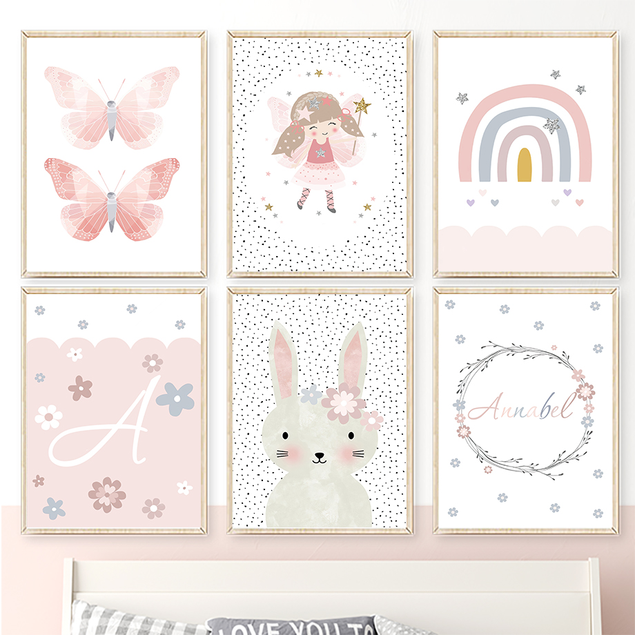 Baby Nursery Pictures - 귀여운 소녀 토끼 꽃 나비 무지개