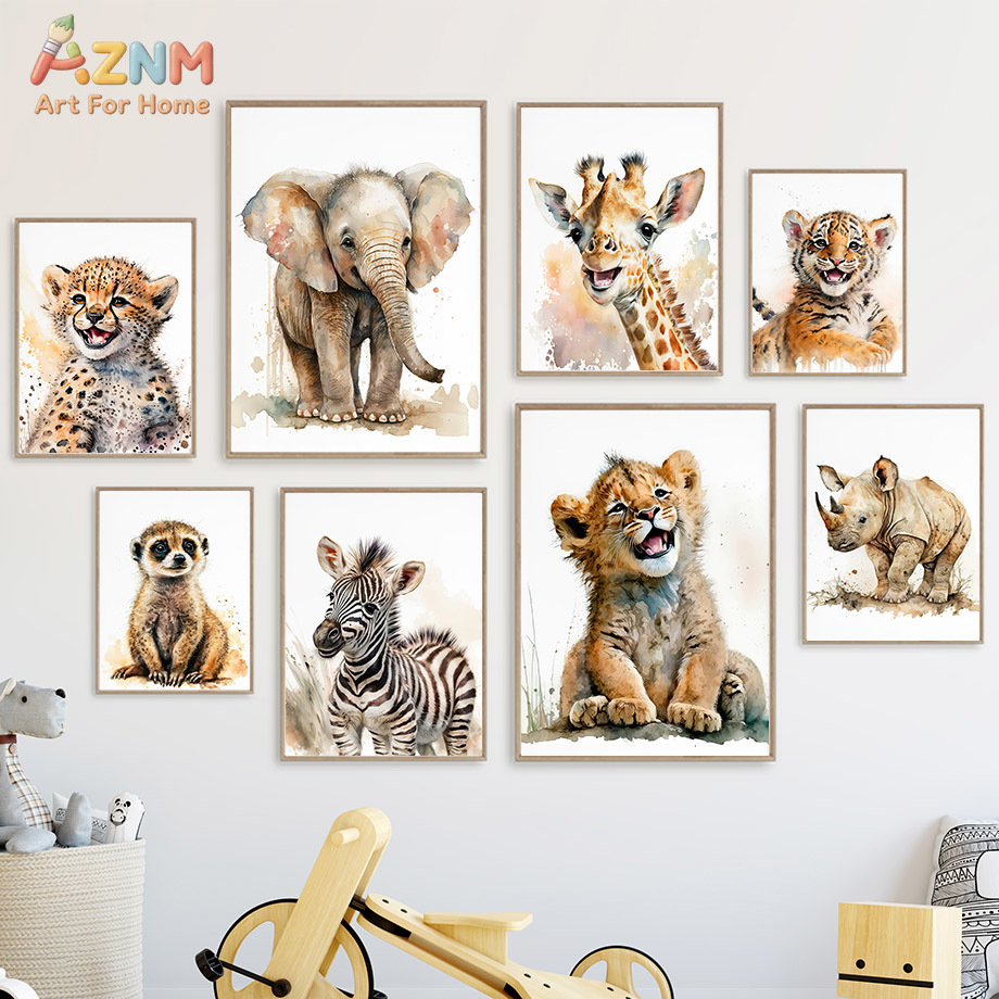 Baby Nursery Elephant - AZNm 수채화 사파리 아기 동물 캔버스