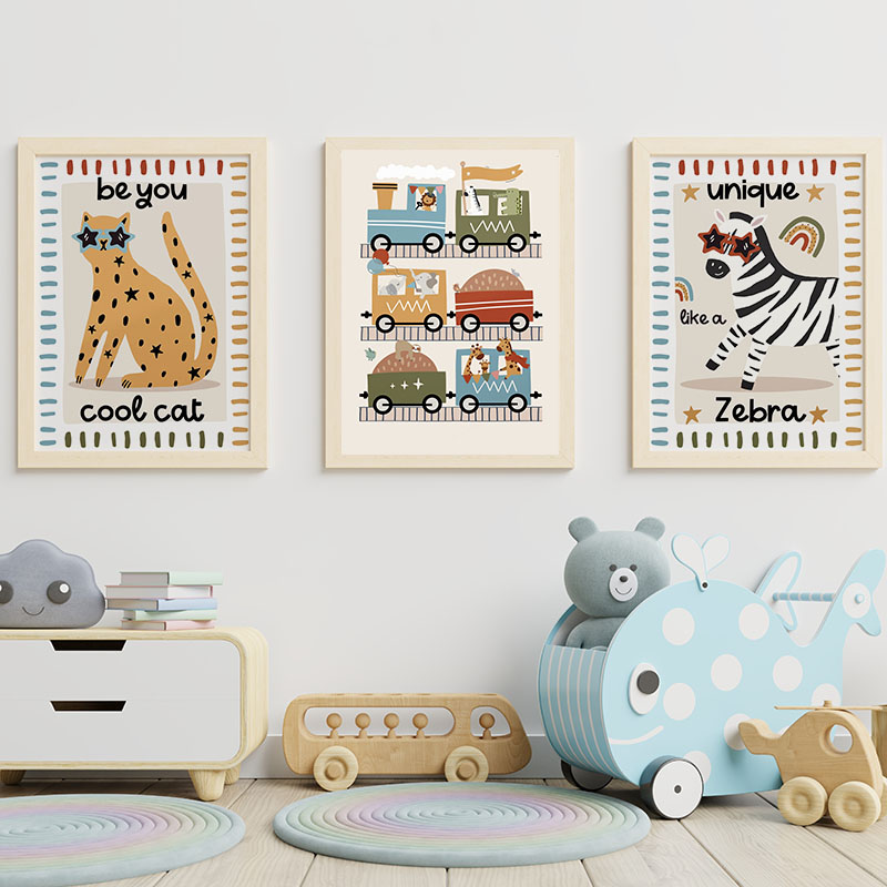 재미있는 만화 동물 자동차 버스 보육원 벽 예술 캔버스 - Baby Nursery Pictures 리뷰 및 가격