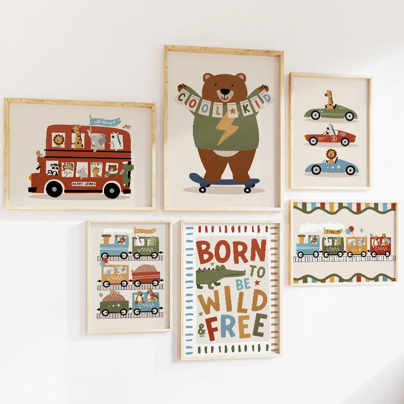 재미있는 만화 동물 자동차 버스 보육원 벽 예술 캔버스 - Baby Nursery Pictures 리뷰 및 가격