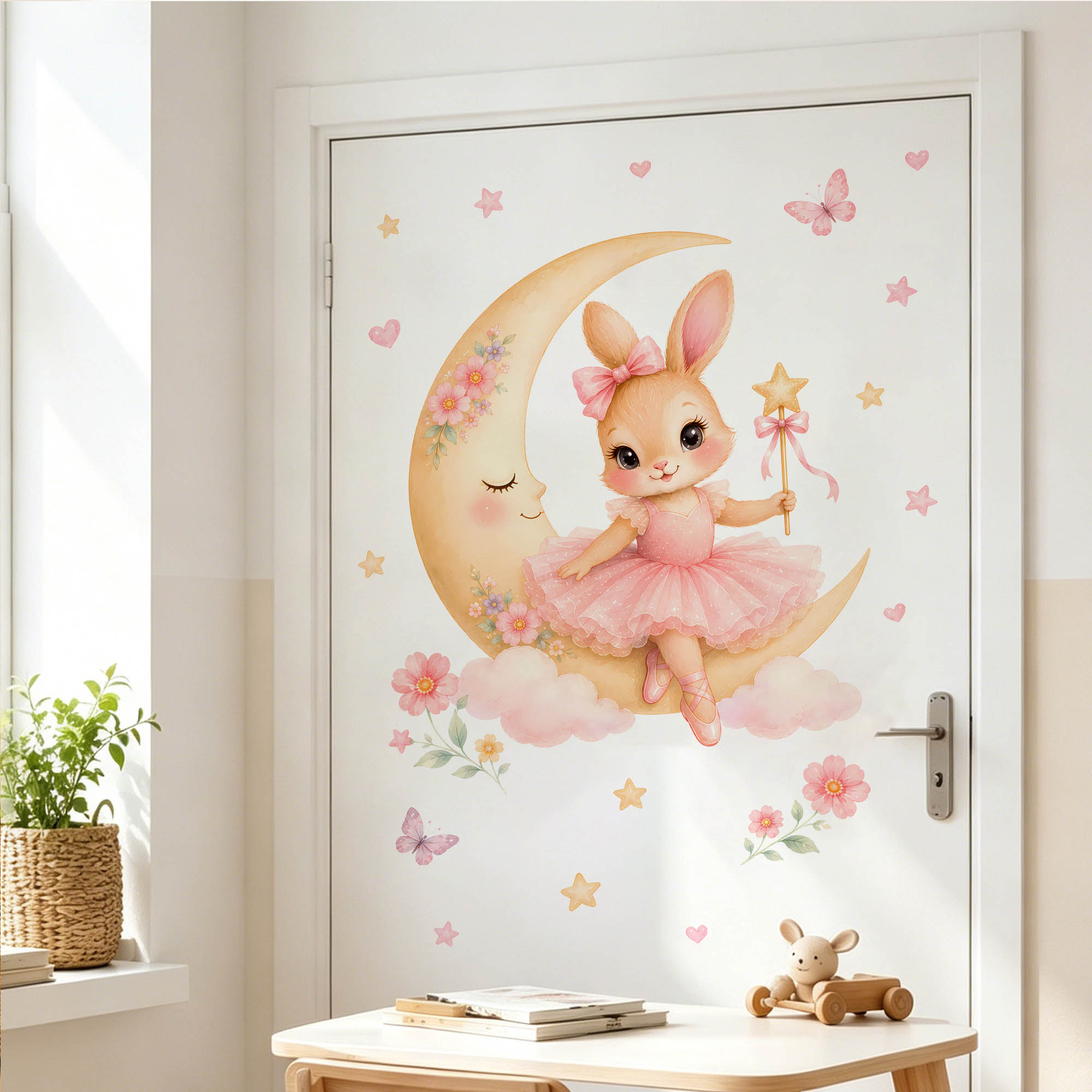 수채화 발레리나 토끼 달 벽 스티커 핑크 튀튀 토끼 별 - Baby Nursery Wall Mural 리뷰 및 가격