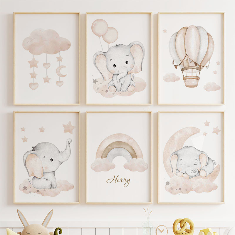 귀여운 코끼리 핫 벌룬 달 무지개 구름 보육원 벽 아트 - Baby Nursery Pictures 리뷰 및 가격