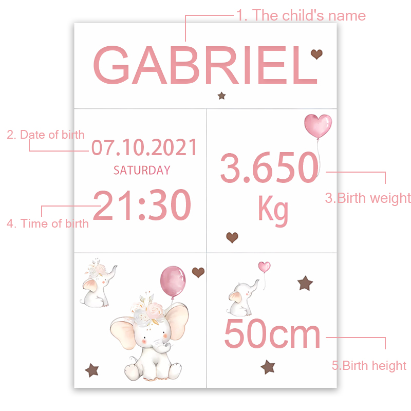 핑크 아기 사용자 정의 이름 생년월일 캔버스 회화 풍선 - Baby Nursery Elephant 리뷰 및 가격