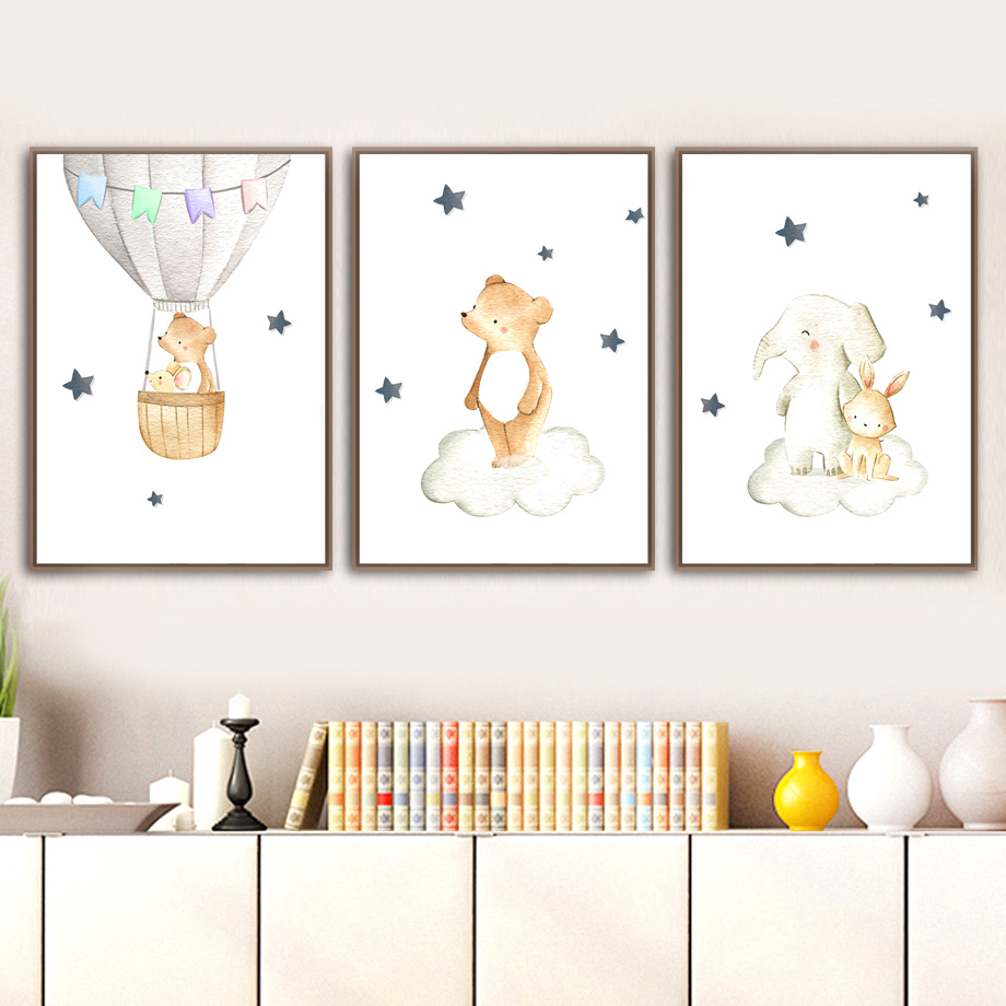 코끼리 토끼 곰 풍선 문 보육 벽 아트 캔버스 회화 북 - Baby Nursery Elephant 리뷰 및 가격