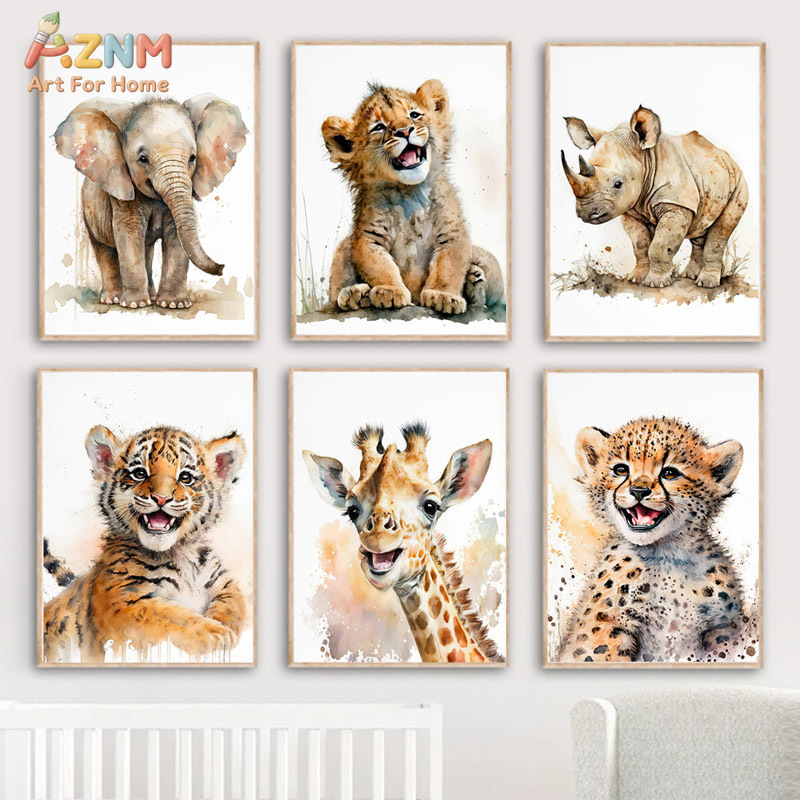 AZNm 수채화 사파리 아기 동물 캔버스 벽 예술, 코 - Baby Nursery Elephant 리뷰 및 가격
