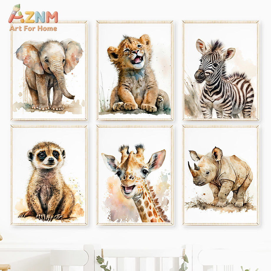 AZNm 수채화 사파리 아기 동물 캔버스 벽 예술, 코 - Baby Nursery Elephant 리뷰 및 가격